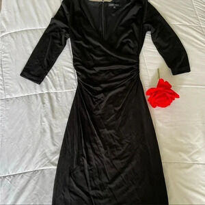 David Meister black faux wrap ruched mini dress